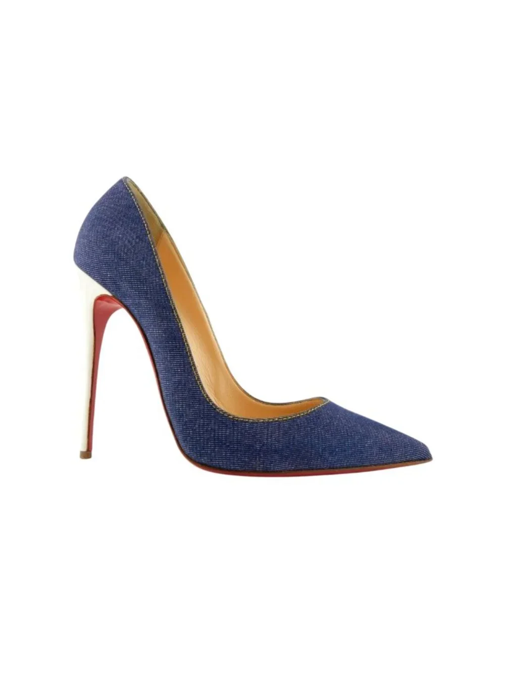 CHRISTIAN LOUBOUTIN Denim Blue Jean White Leather Stiletto Heel Pumps 38